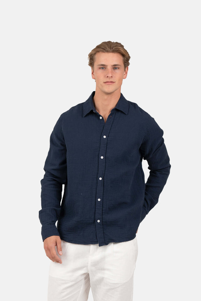 Langærmet Crinkle Skjorte Navy |  Skagen-clothing.dk