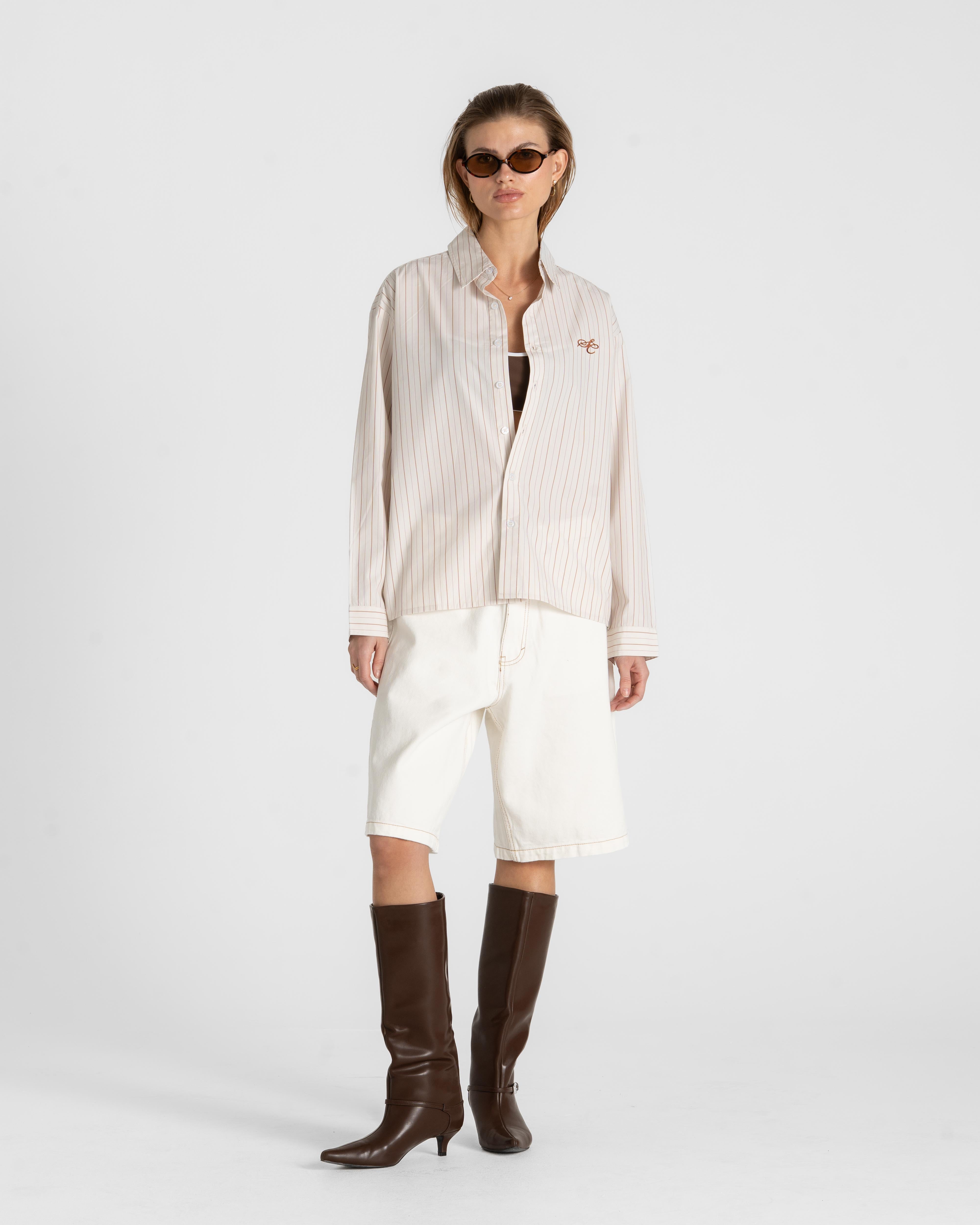 Oxford Longsleeve Shirt Brown Striped Dame